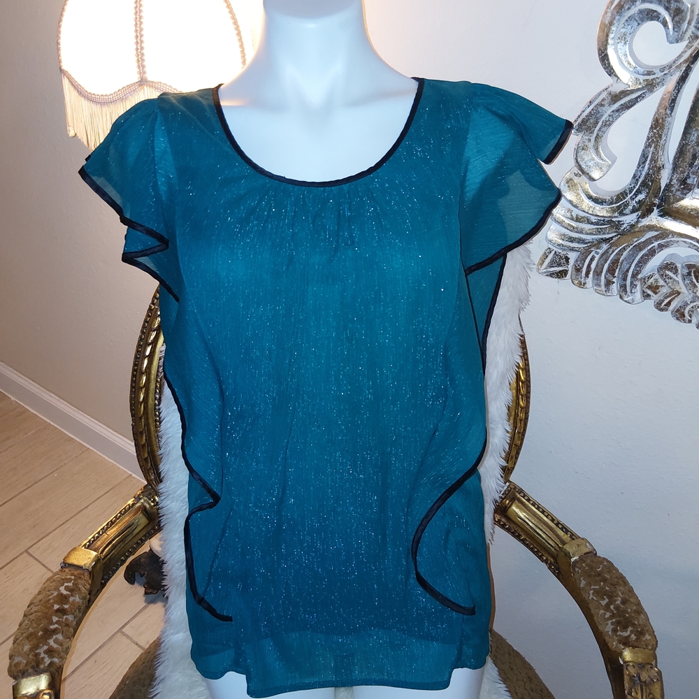 by & by Shimmering Teal Blouse with Black Trim